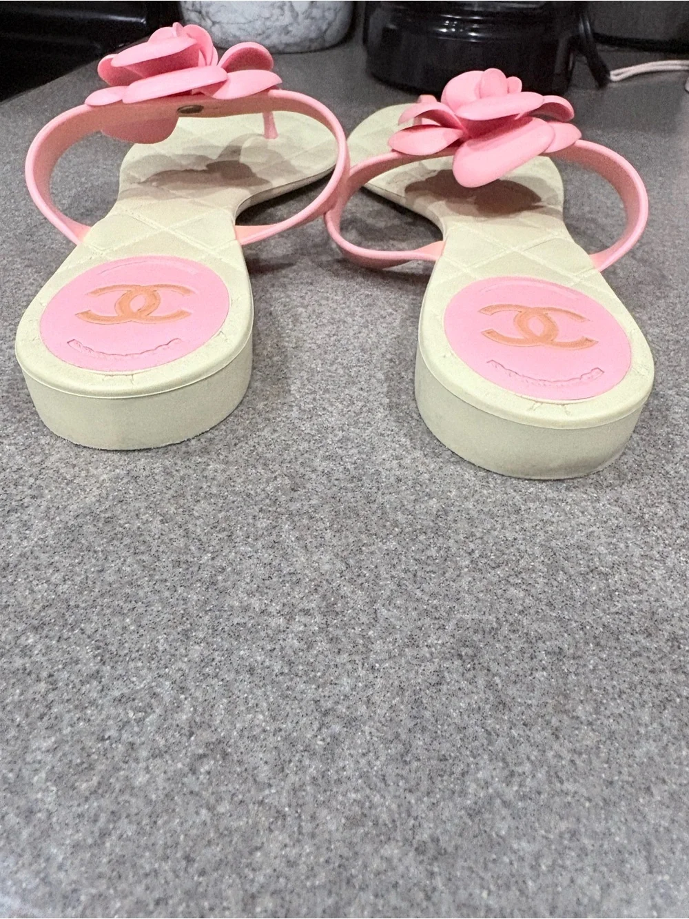 CHANEL Pink Camellia Jelly Thong Sandals with beige Quilted Footbed
